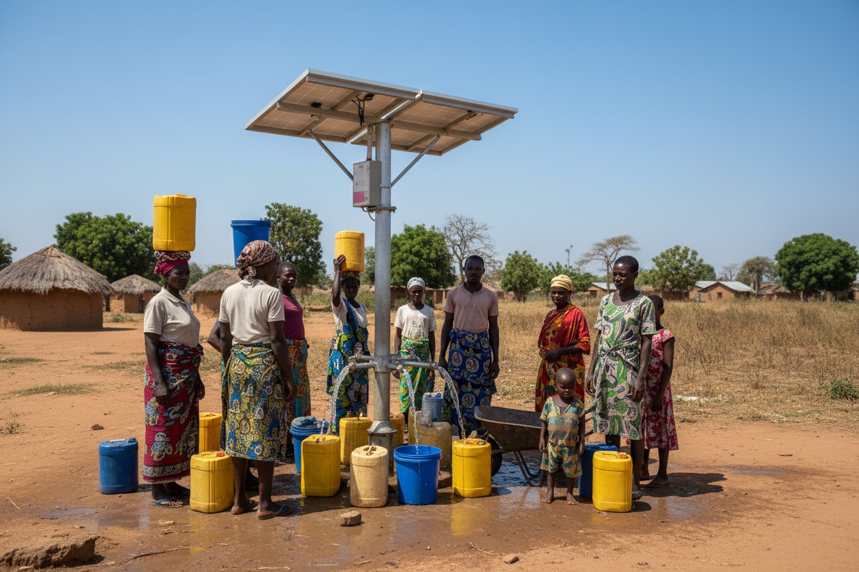 ghanaian villagers fetching water from solar borehole
